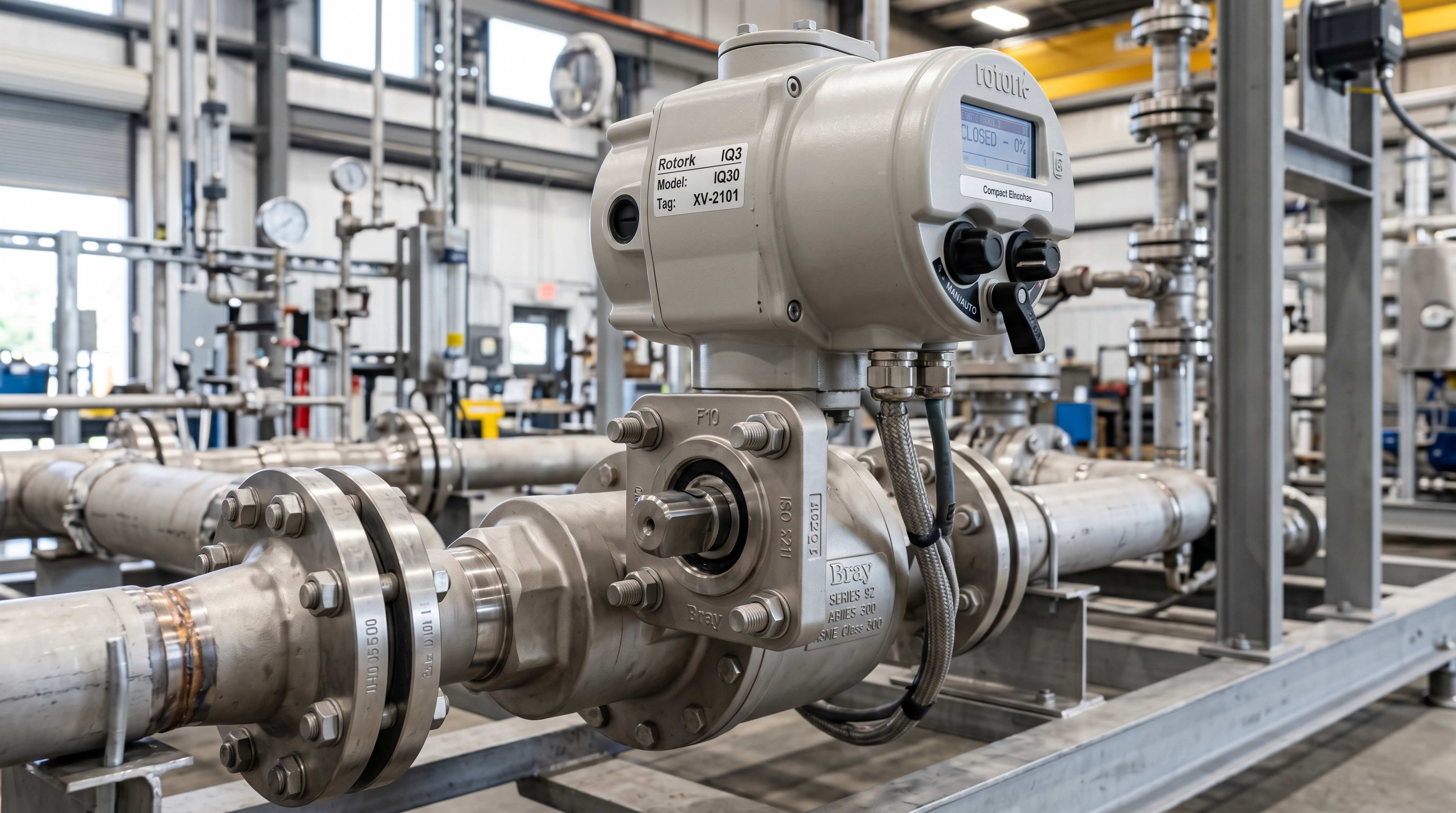 ISO 5211 ball valve with electric actuator installed on an industrial pipeline for automated flow control